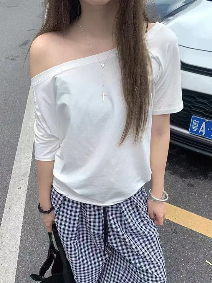 T-shirts Women Niche Off Shoulder Solid Short Sleeve Summer Chic Loose Casual Daily Simple Sexy Korean Trendy Street Tops 250614