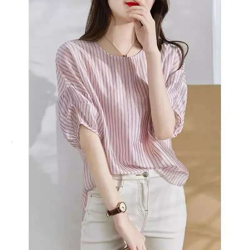 Loose Striped Female Tops Crop Summer Womens Shirt And Blouse Youthful Woman Clothes Xxl Premium Clothing Trend 2025 Xl M