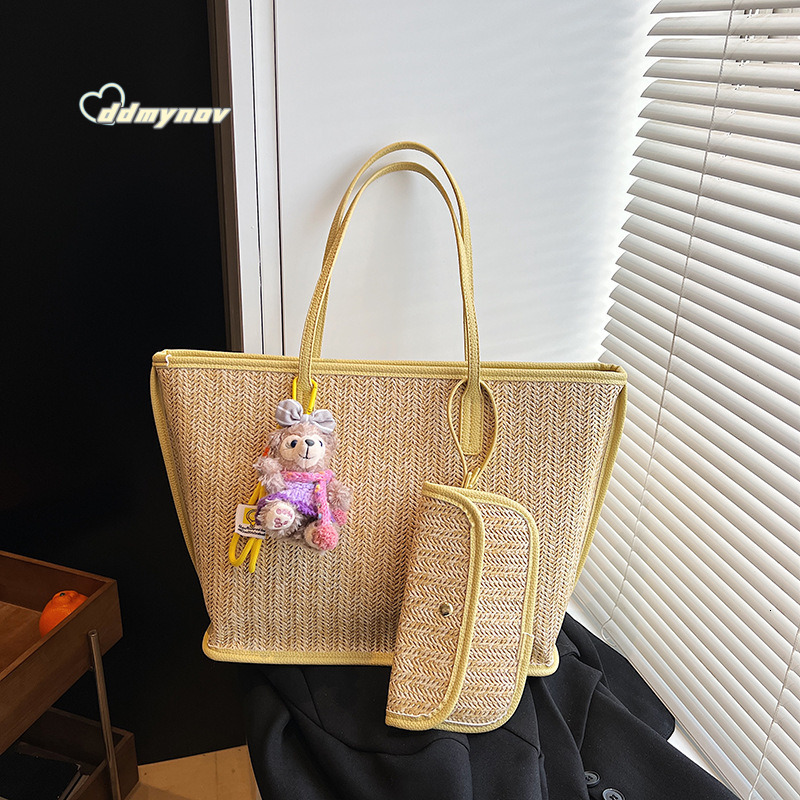 Fashion Color-Block Straw Large Capacity Tote for Women 2025 Spring Simple Versatile Beach Vacation Shoulder Bag Trend ddmynov ddmynov