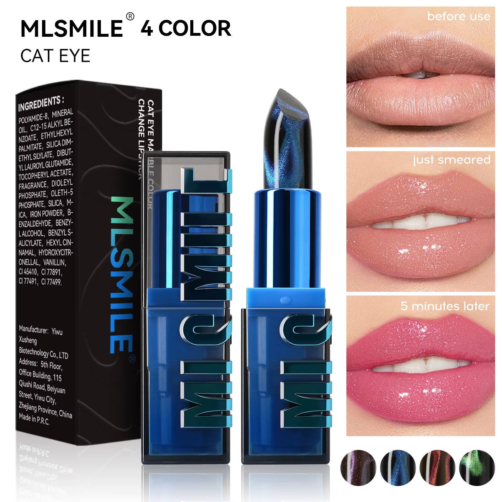 MLSMILE 4 Cat Eye Warm Moisturizing People Thousand Colors Fine Glitter Non-stick Cup Lipstick happy