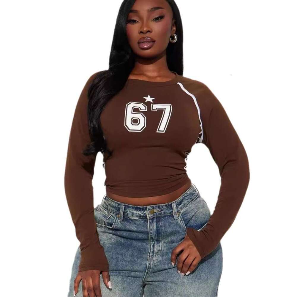 Autumn New Street Fashion Sports Stretch Simple Printed Long Sleeve Top For Women B5