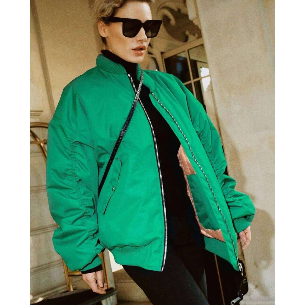 2023 Autumn Fashion Pockets Solid Zipper Bomber Jackets Coat Women Long Sleeves Chic Outwears Female Loose Cotton-Padded Jacket