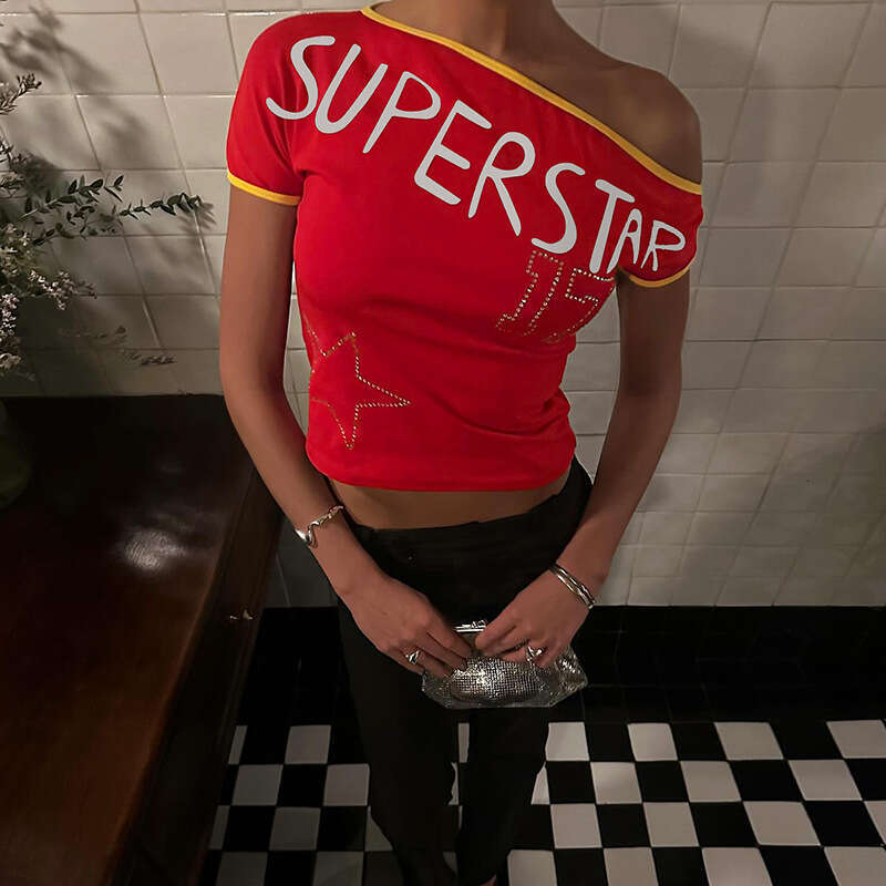 Women's Fashion Spring Summer New Style Unique Asymmetric Shoulder Sexy Crop Top Cool Spicy T-Shirt Short Sleeve Women B5