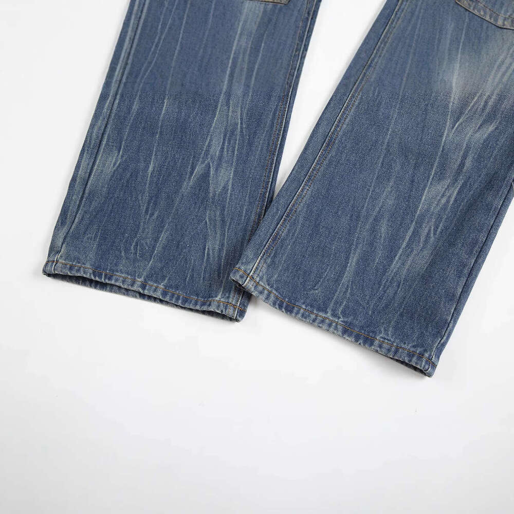 25FW American Style INS Casual Loose Washed Blue Flared Straight Jeans for Men