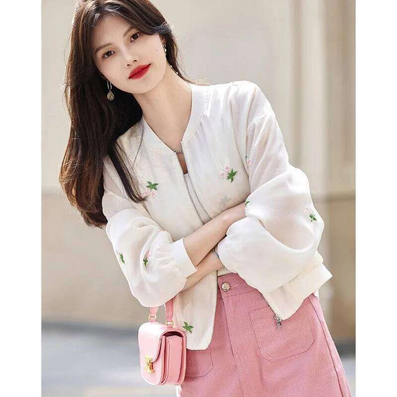 Women Spring Summer Korean Fashion Embroidered Solid Color Stand-Up Collar Coat Ladies Simplicity All-Match Office Lady Tops
