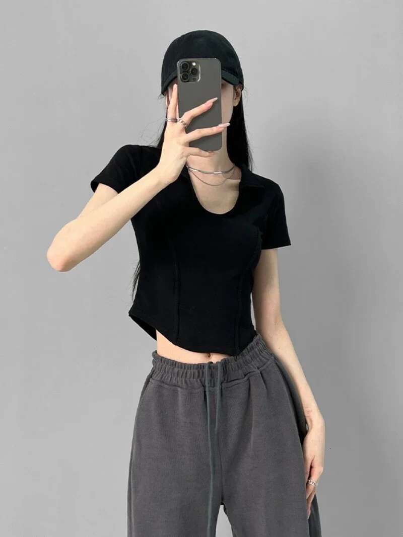 Polo Neck Shirt for Women Cotton Sexy Crop Top Woman T Coquette Clothes Plain New Basic Offer Comfortable Clothing Sales