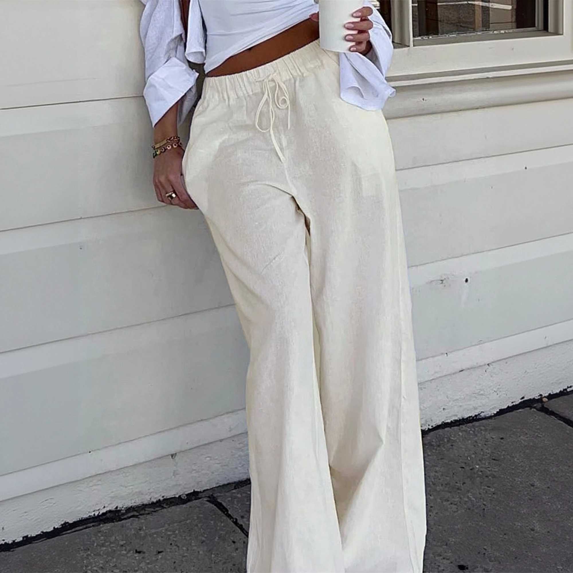 Women Summer Drawstring Straight Pants Solid Elastic Waist Wide Leg Pant Fashion Simple Trousers Lady Casual Street Wear XJ250616