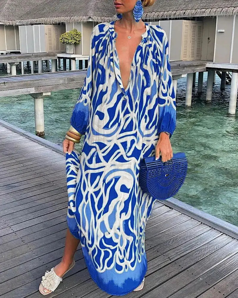 Elegant Womens Maxi Dresses Summer Casual Fashion Retro Print V Neck Loose Boho Long Vacation Beach Dress Female Robes 250609