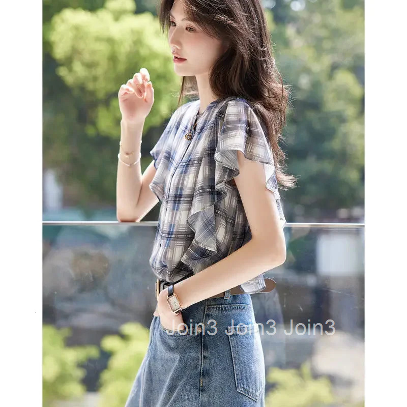 With Short Sleeve Woman Top Ruffle Shirts Blouses for Women Loose Print Frill Korean Popular Clothes New Collection 2025 M Xl