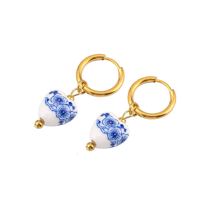 New Fashion Personality Light Blue White Porcelain Necklace and Earrings for Women, Titanium Steel Ceramic Design Jewelry Set