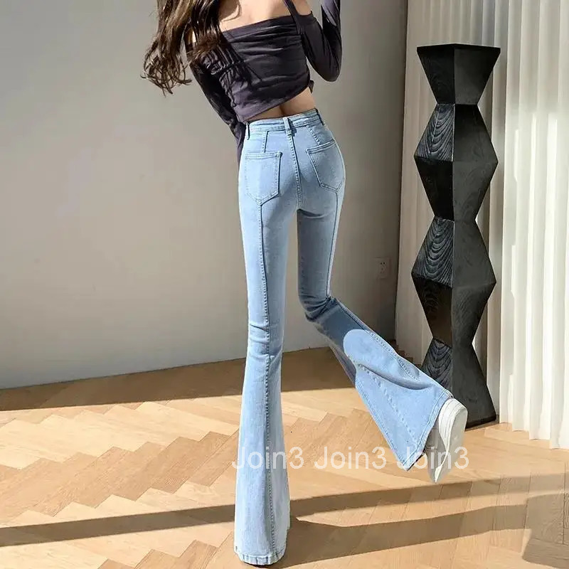 Womens Jeans Flare Trousers Flared Woman Pants Bell Bottom Blue with Pockets High Waist Shot Harajuku Fashion Chic and Elegant A