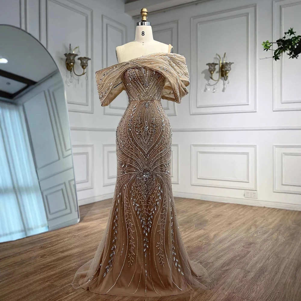 Serene Hill Customized y Off Shoulder Silver Nude Beaded Mermaid Saudi Evening Dress Gown for Formal Occasion LA72878 250612