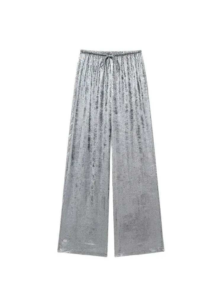 TRZA-Womens Metallic Straight Pants High Elastic Waist with Drawstring Fe Trousers Chic Fashion XJ250616