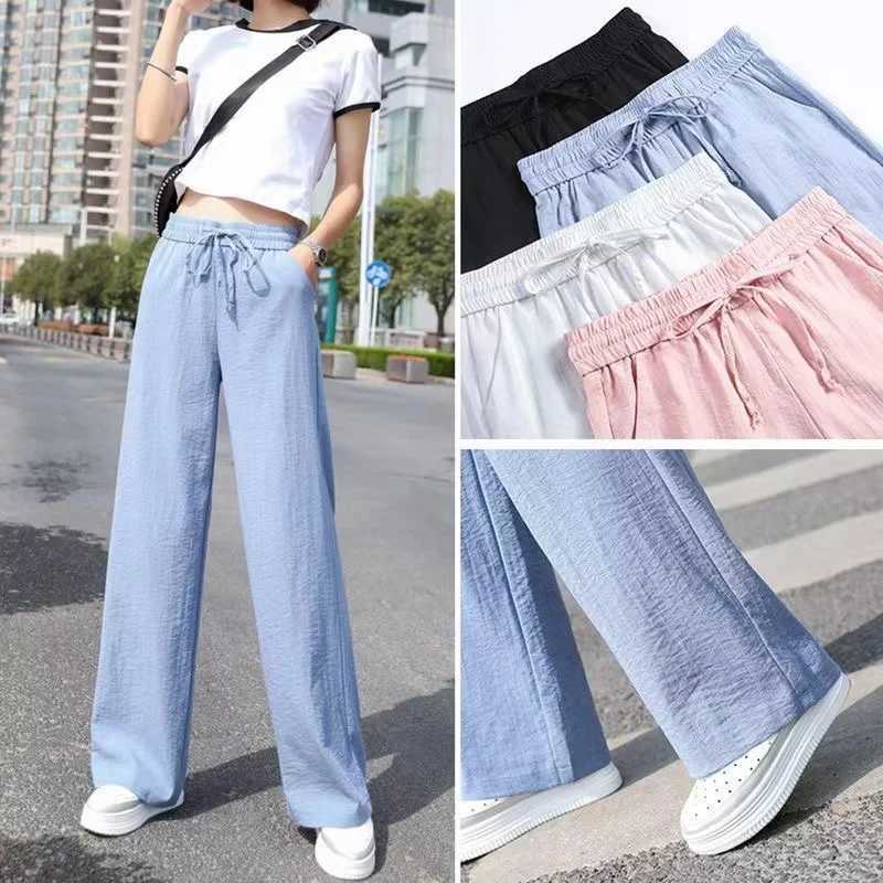 Plus size Women Ankle-Length Wide Leg Pants Casual Summer Solid Elastic Waist Loose Ice Silk Pants Spring Summer Fe TrousersXJ250616