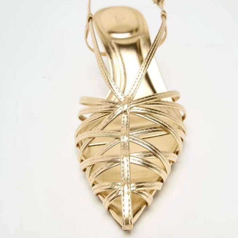 Gold Brand Heels Women Fashion Narrow Strap Hollow Thin High Heel Summer Sandals Sexy Pointed Toe Slingbacks Dress Shoes