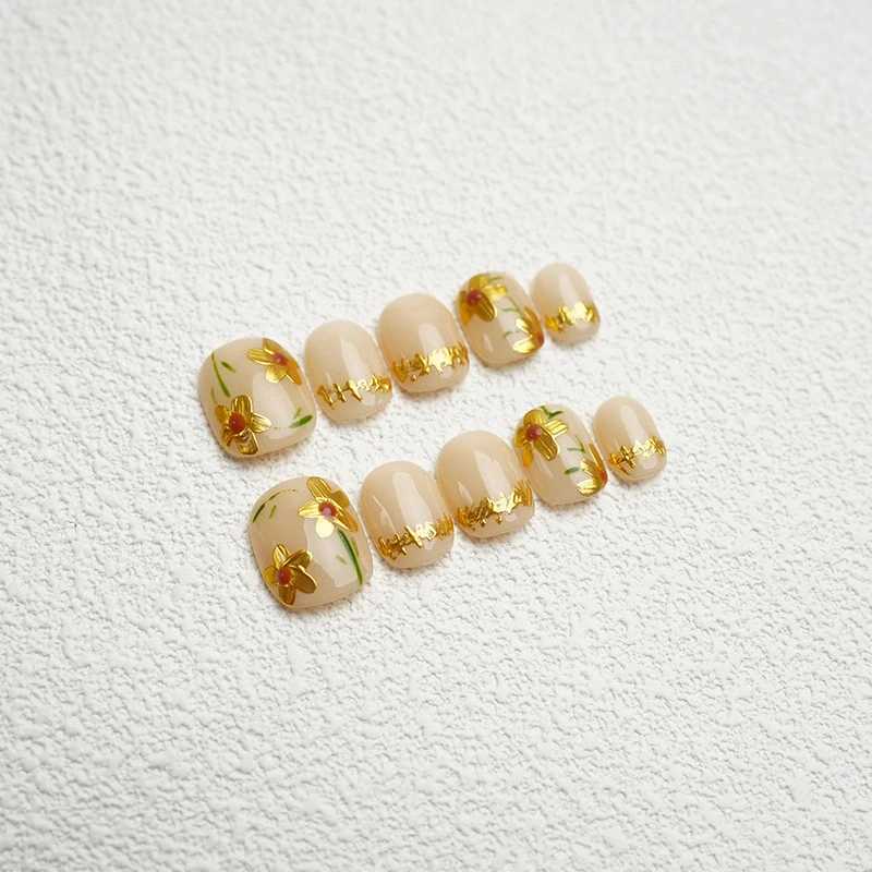 Cute Handmade Press on Nails Golden Korean Fake Nails Round Head Reusable Adhesive False Artifical Nails Manicure Acrylic Tips R250616