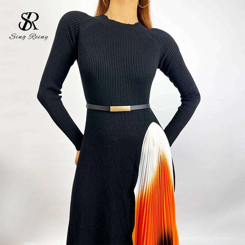 SINGREINY Women Elegant French Design Splice Gradient Pleated A-line Knitted Dresses Autumn Fashion Streetwear Midi Dress