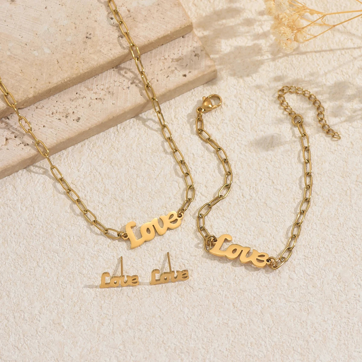 Lxalry Golden Jewelry Set Love Engraved Necklace Bracelet Earrings Handwritten Style Romantic Couple Accessories Minimalis 250609