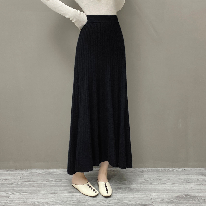 XR190 Women's Autumn and Winter Knitted Cashmere Pleated Skirt Solid Color Warm A-line Knitted Skirt