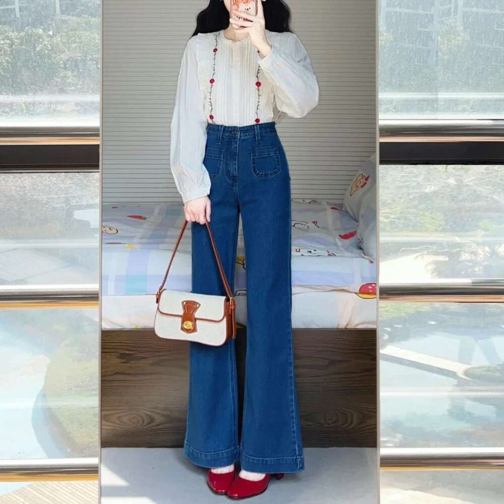 Womens Jeans Straight Leg Blue High Waist Shot Trousers with Pockets Pants for Women Stretch Baggy Grunge Y2k Korean Fashion A R