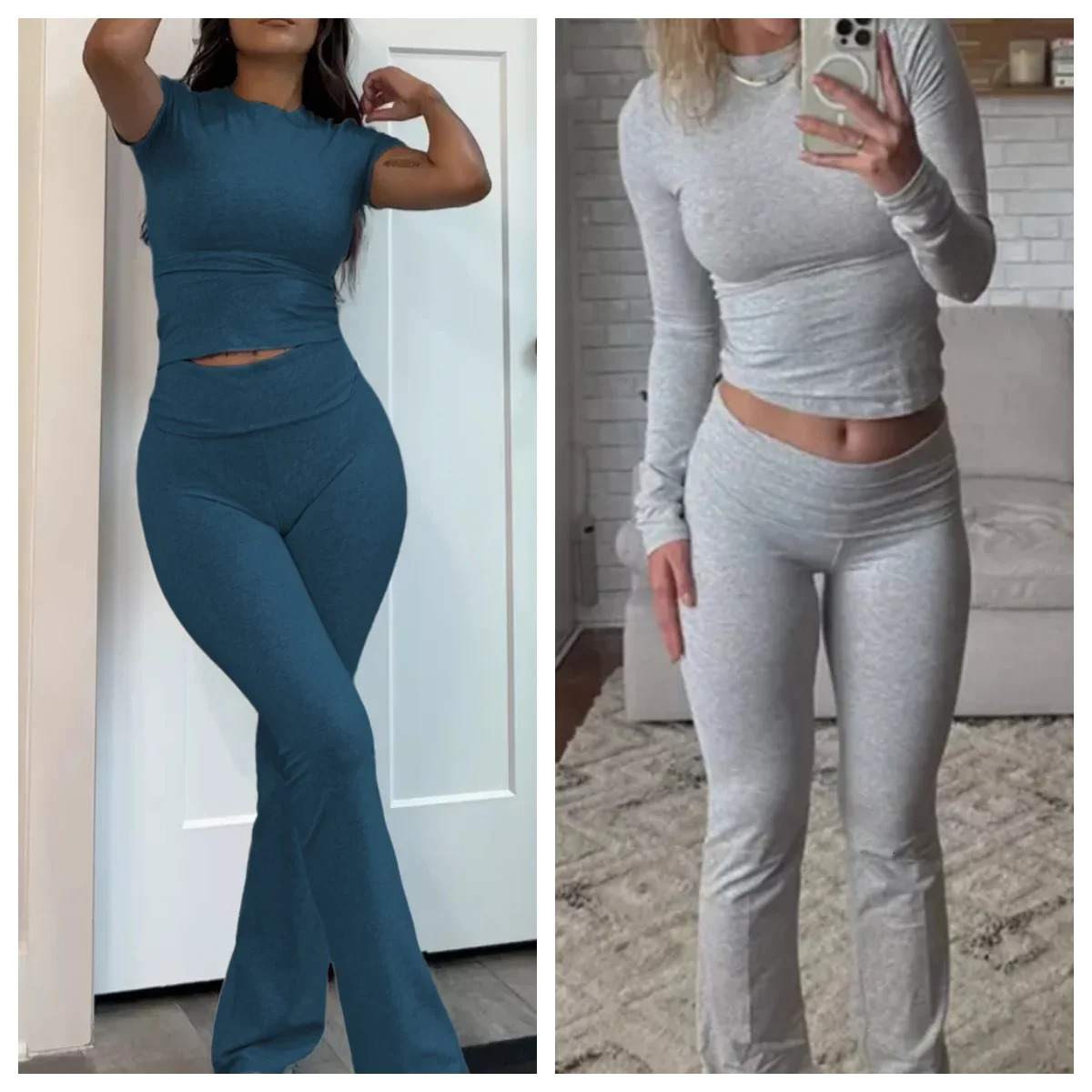 Women 2 Piece Lounge Sets Fold Over Short Sleeve Crop Top And Low Rise Flare Leggings Yoga Pants Set Tracksuit 250612