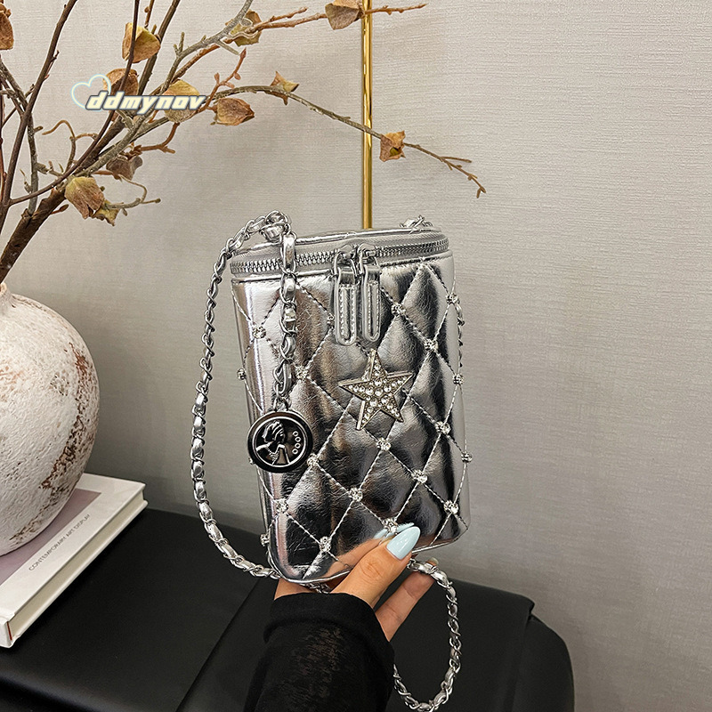 Minimalist Quilted Chain Phone for Women 2025 Summer New Fashionable Textured Stylish Casual Shoulder Crossbody Bag ddmynov