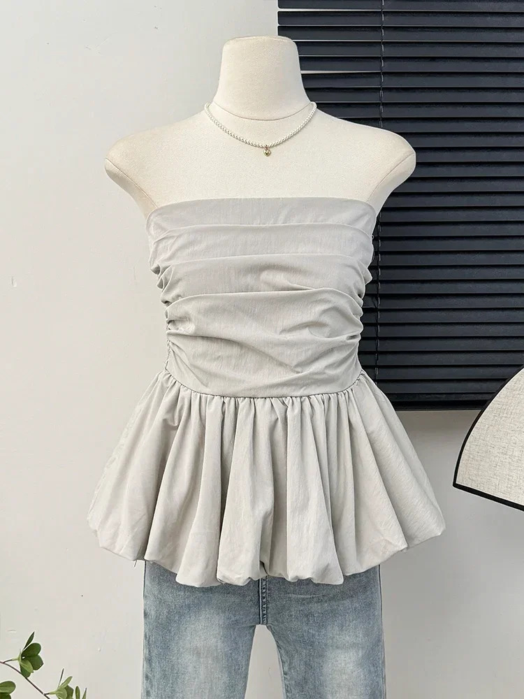 Kimotimo French One Shoulder Pleated Slim Tube Top Women Sexy Waist Ruffled Sleeveless Vests Summer Y2k Solid All Match Tanks 250614