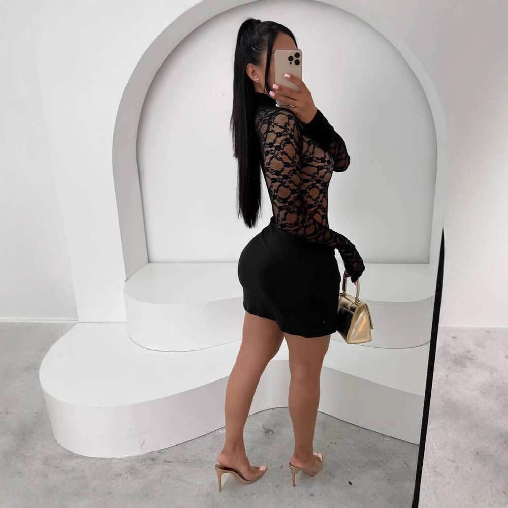 New Fashion Solid Color Sexy Lace Mesh Patchwork Design Sheer Bodycon Short Dress For Women B5