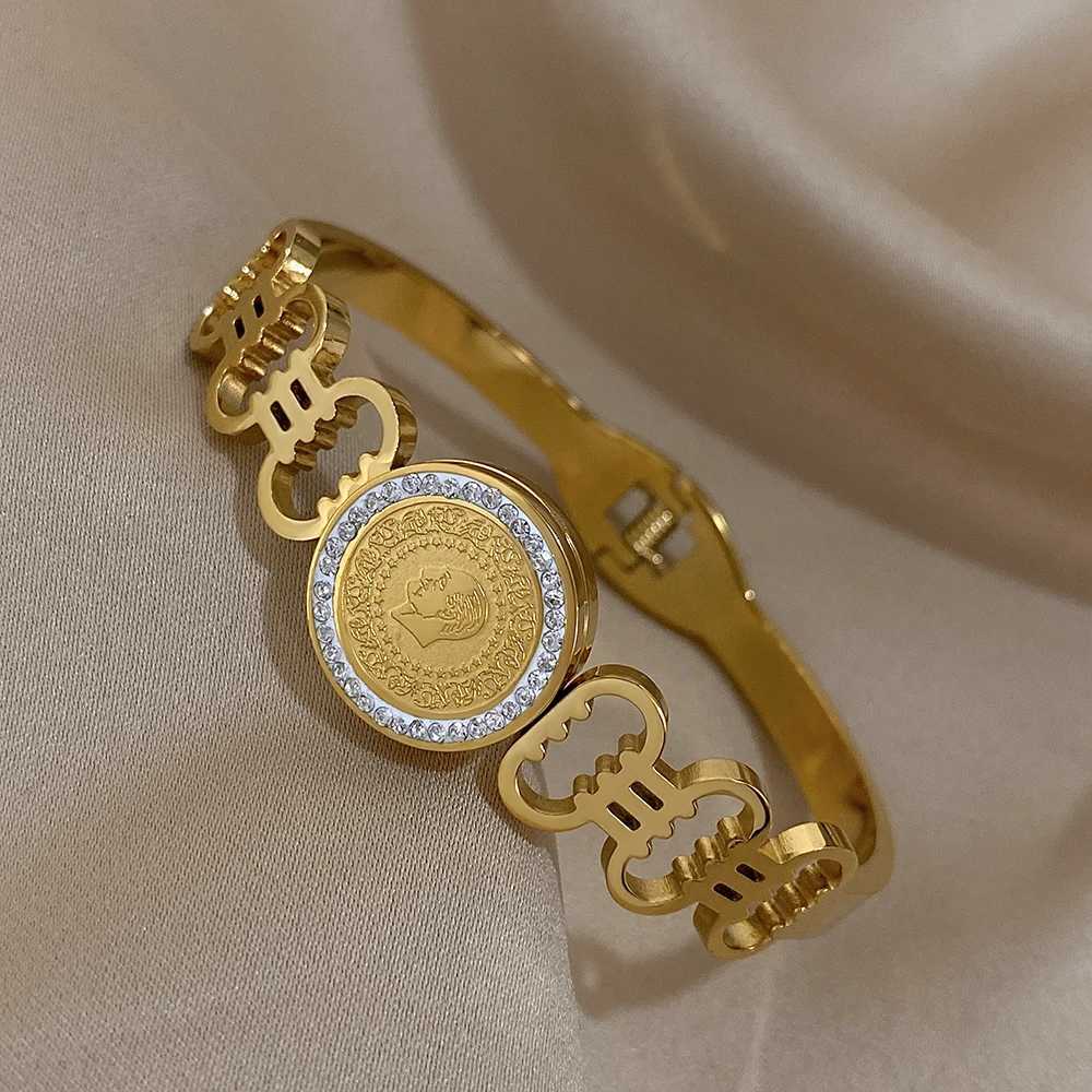 Fashion Rhinestone Coin Gold Plated Stainless Steel Irregular Geometric Wide Cuff Bangle Waterproof Jewelry Z250616