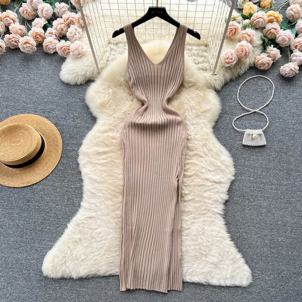 Women V Neck Solid Ribben Knitted Dresses Casual All Match Slimple Sexy Package Hips Bodycon Dress Elegant Vestidos Streetwear 250614