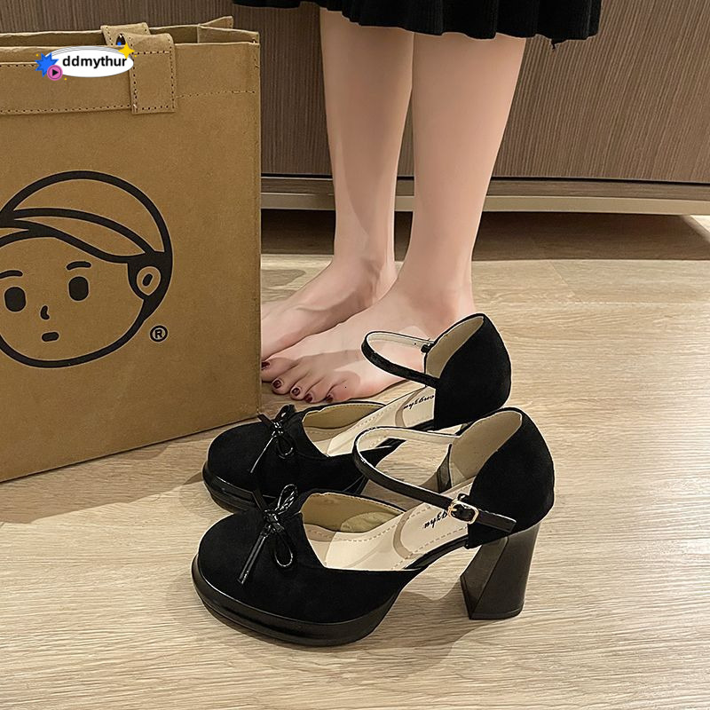 French Style Chunky Heel Elegant Mary Jane Shoes for Women 2025 Spring Summer New Versatile Bowknot Deep V High Heels ddmythur