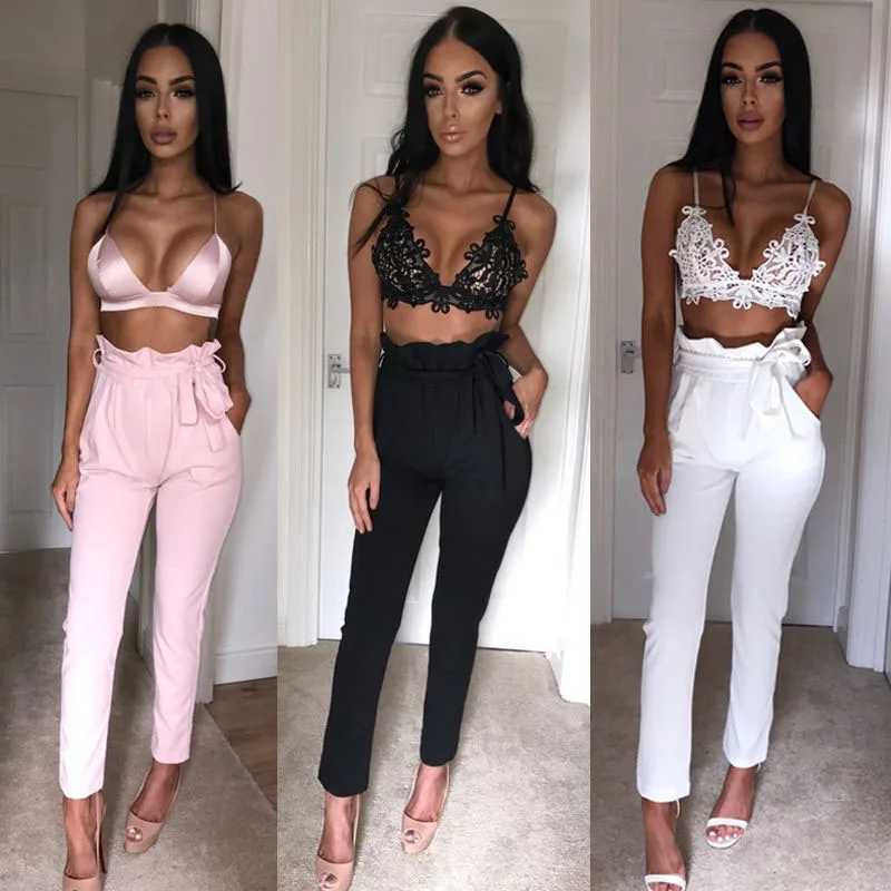 New Fashion Women Four Season High Waisted Belt Casual Cropped Pants Pencil Pants With Small Feet Womens PantsXJ250616