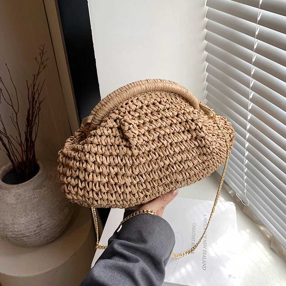 Women Straw Woven Bag Chain Strap Straw Clutch Purse Large Capacity Stylish Crossbody Bag Solid Color for Summer Beach XJ2520616
