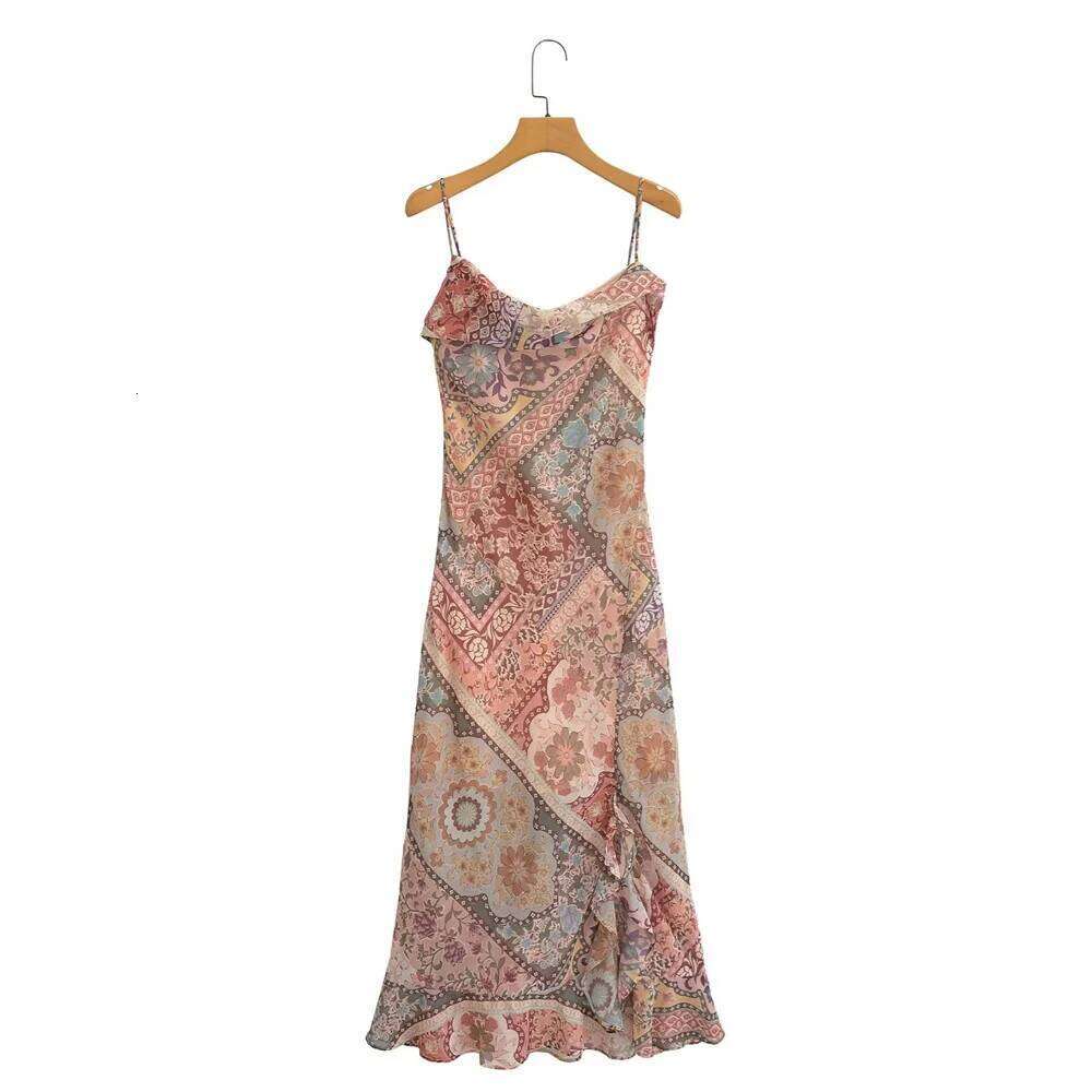 2025 Summer New Product Women's Fashion Style Slimming Bareback Contrast Printed Strap Dress