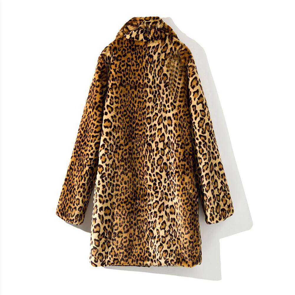 S-4XL Winter Warm Open Turn-Down Neck Loose Plush Jacket Women Faux Fur Leopard Cardigan Ladies Thick Long Coat