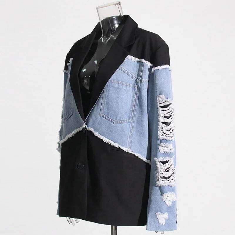 Vintage Style Denim Patchwork Design Sense Women Suit Jackets Y2K High Street Turn-down Collar Ripped Long Sleeve Casual Tops