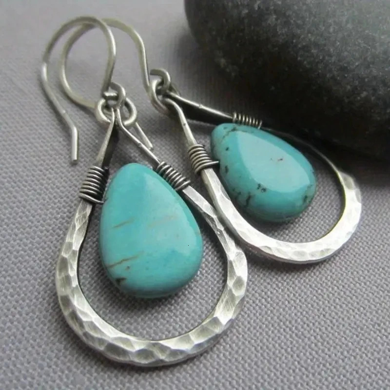 Vintage Droplet Shape Blue Turquoise Decor Dangle Earrings Retro Boho Style Silver Plated Jewelry Tourism Souvenir 250610
