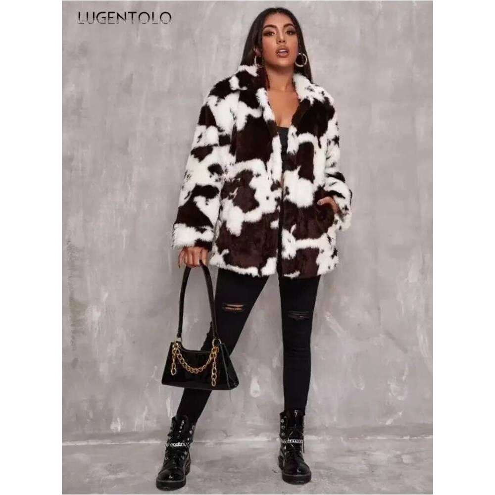Women Faux Fur Jacket Autumn Winter Haruku-style Cow Print Black White Coet Female Loose New Fashion Warm Cloth