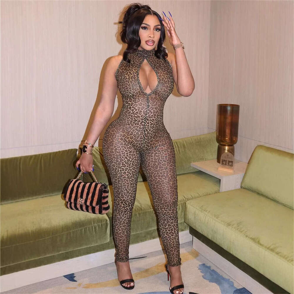 New Fashion Trend Leopard Print Slim Fit Sexy Mesh Hollow Out Sleeveless Jumpsuit B5