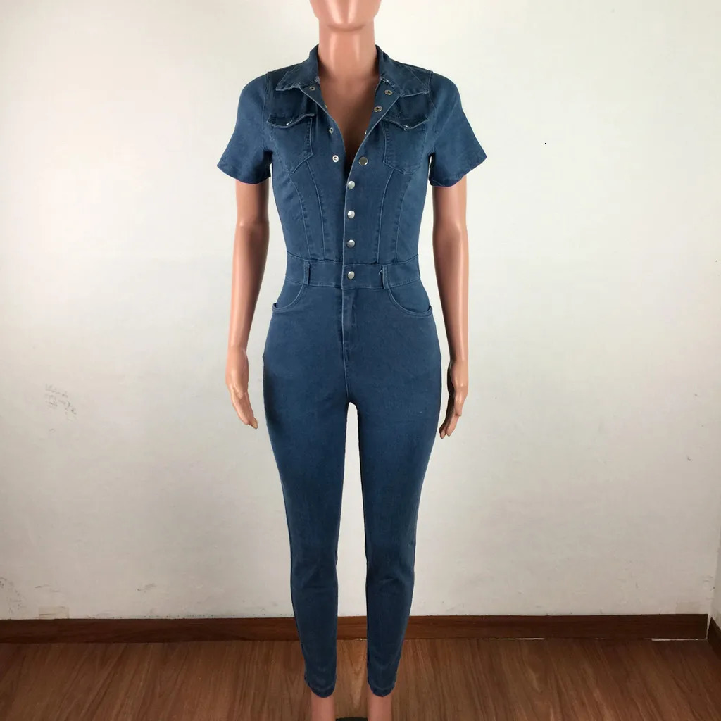 Womens Jeans Button Tight Fit Fitting Casual Distressed Pants Jumpsuits Short Sleeves Jumpsuit SlimFit Long Trousers Mujer 250612