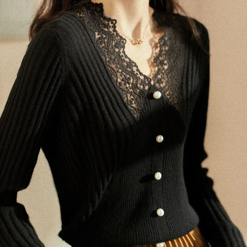 Lace Sweaters for Women Fashion Korean Womens Sweater Trend Long Sleeve Jumper Knitted Harajuku Clothes Crochet Tops Black 250614