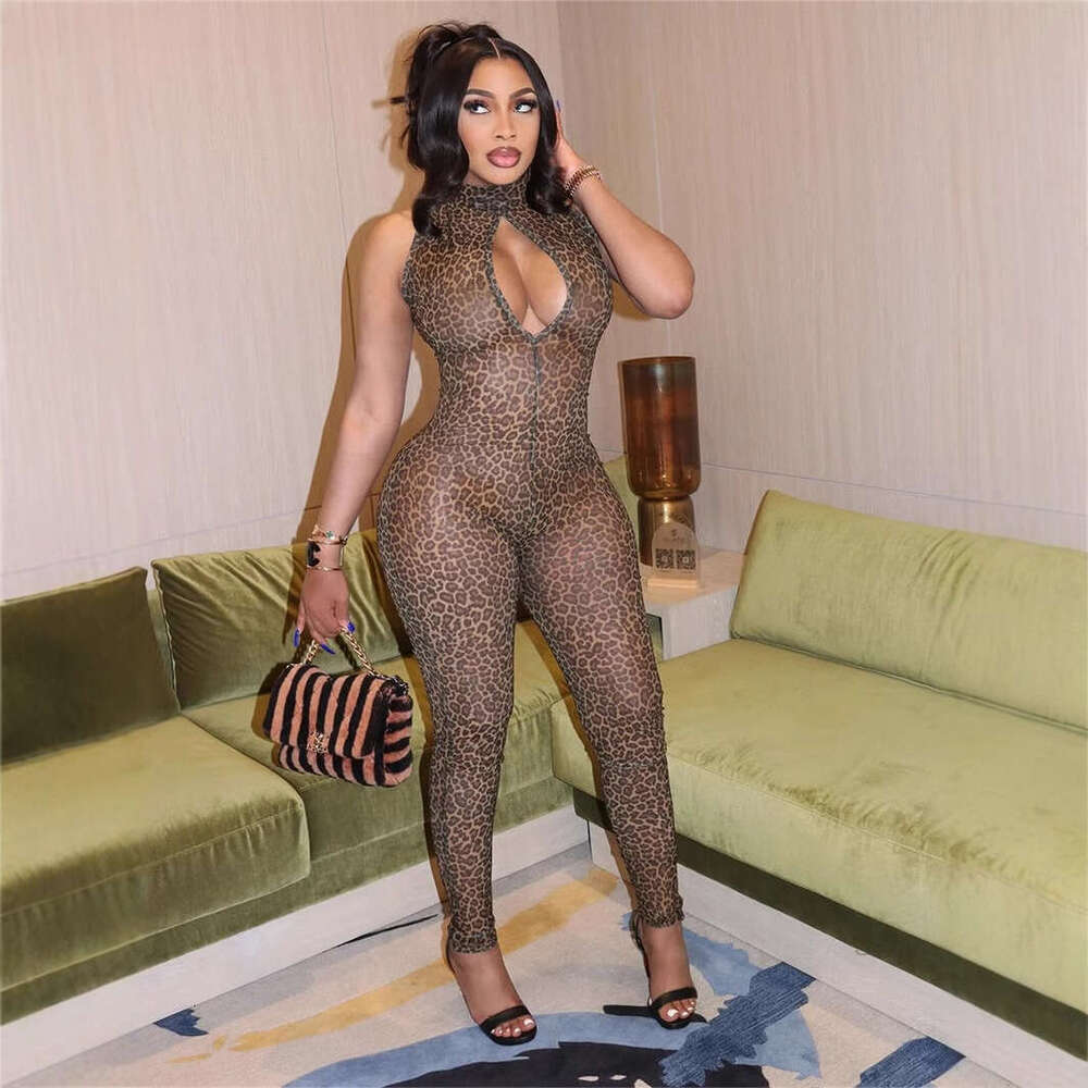 New Fashion Trend Leopard Print Slim Fit Sexy Mesh Hollow Out Sleeveless Jumpsuit B5