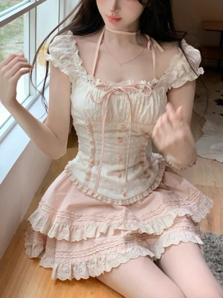 Japanese Kawaii Sweet Elegant 2 Piece Set Women Lace Up Vintage Kawaii Set Female Y2k Princess Mini Skirt Suit Summer 2024 250609