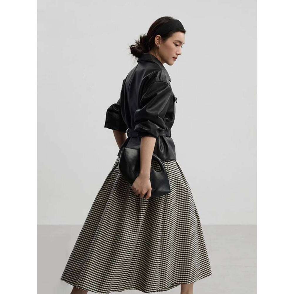 Casual Black Genuine Leather Jackets for Women Spring Autumn High-end Simple Lychee Texture Short Real Sheepskin Coat with Belt