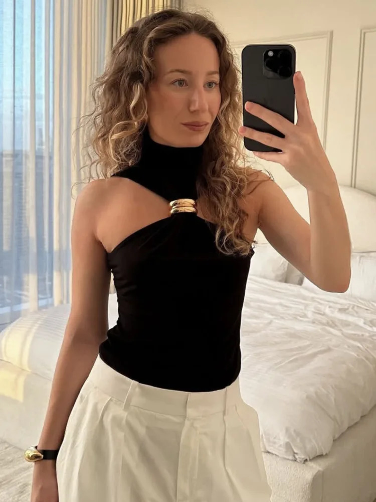 Mozision Turtleneck Basic Knit Tank Tops Women Vest Pullovers Metal Ring Camisole Sleeveless Skinny Knitted Tops Y2K Cropped Top 250614