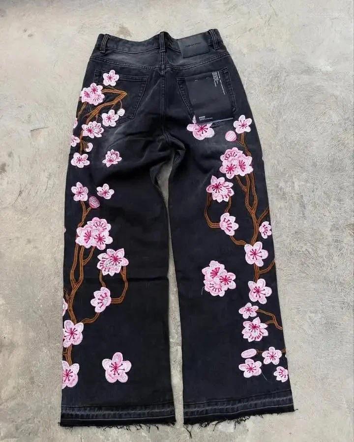 Men's Jeans Streetwear Retro Hip Hop Flower Embroidery Pattern Y2k Men And Women Casual Black Baggy Low Rise Gothic Denim Pants
