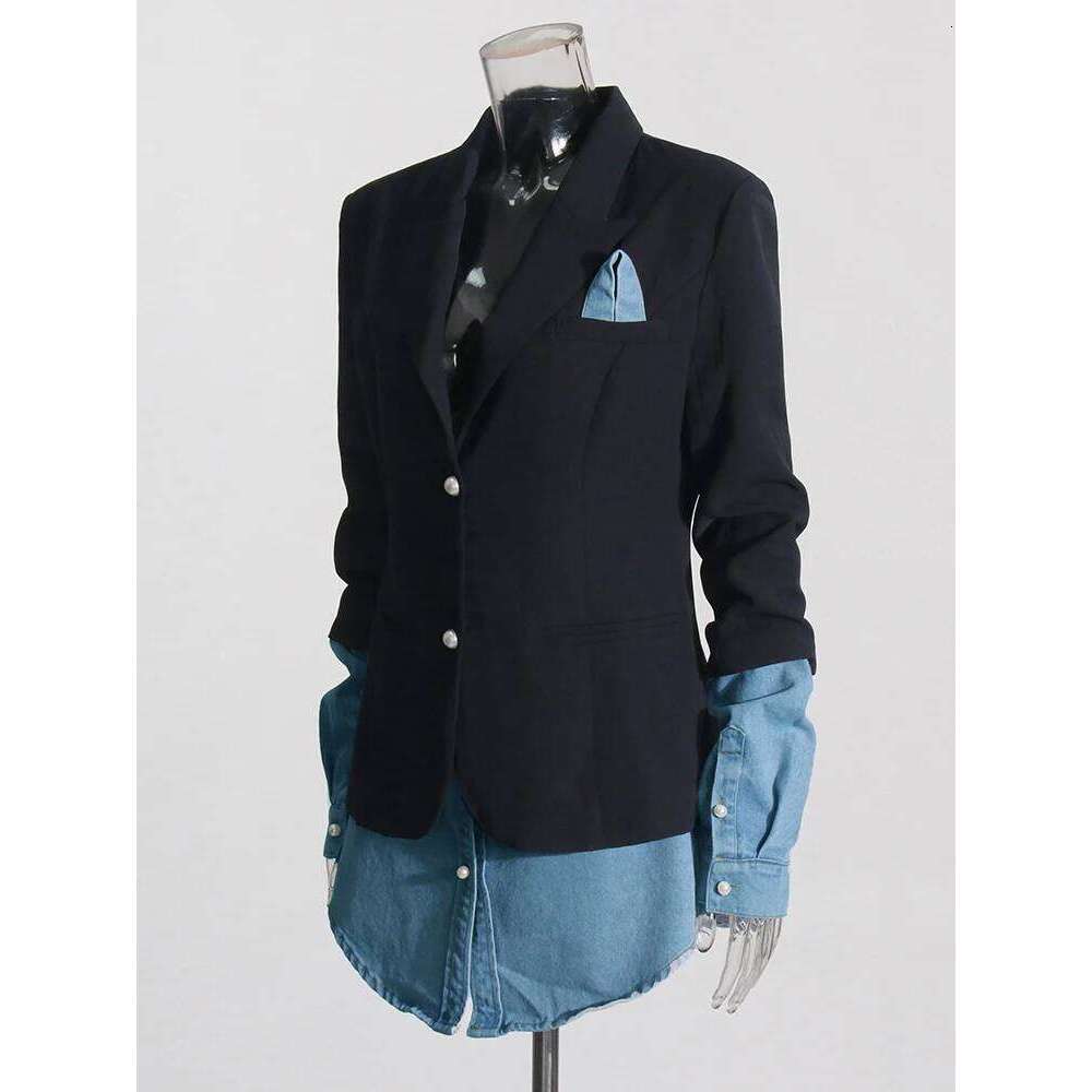Colorblack Spliced Denim Casual Blazers For Women Notched Collar Long Sleeve Minimalist Slimming Blazer Female Fashion New