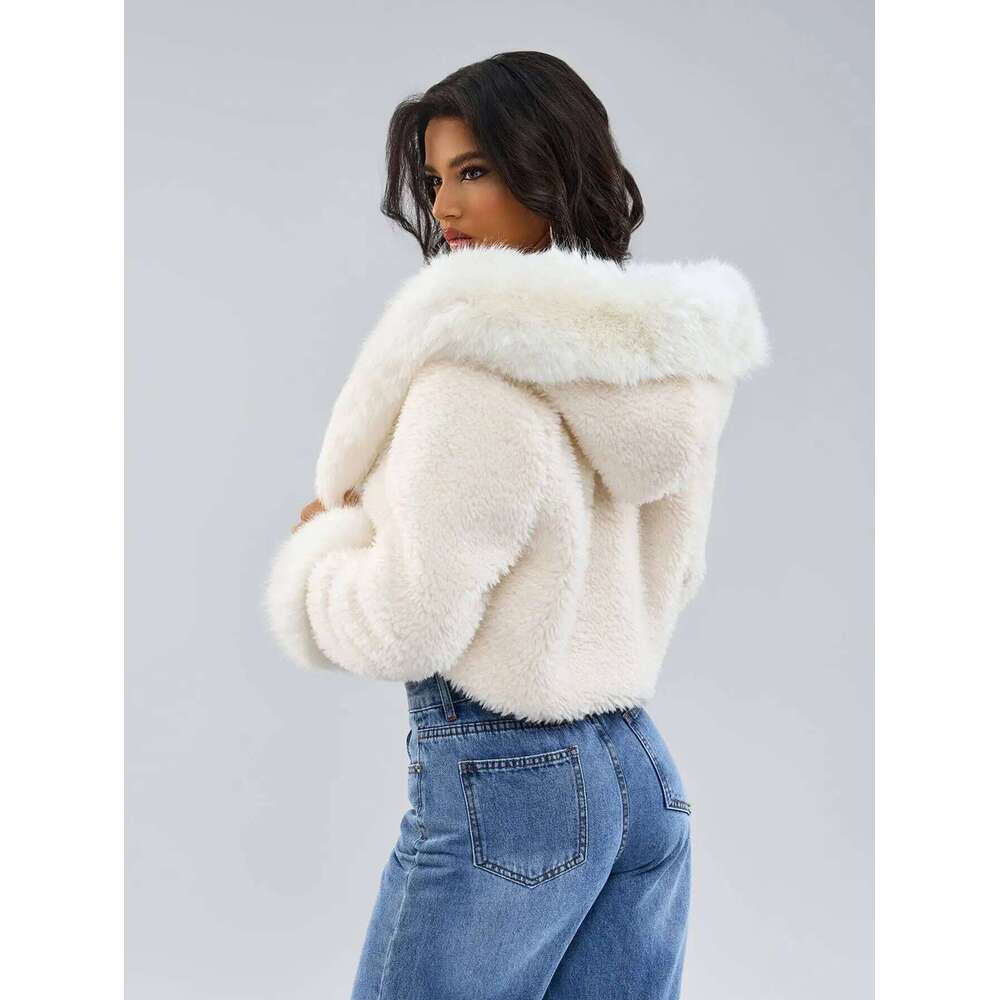 White Short Women's Faux Fur Coat Jacket Shawl Wrap Stole Shrug Wedding Cover Up Outwear Sweater With Hat