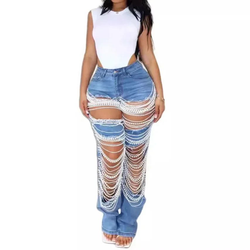 Jeans Women Long Pants Denim Pant Hole Pearl Slim Mom Blue Sexy Y2k Streetwear Casual Elegant Button Pocket Trousers Summer 250609
