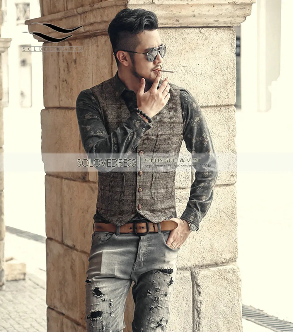 Silver Plaid Suit Vest For Men Wool Tweed Casual Slim Fit Waistcoat Formal Business Vest For Groomsmen For Wedding 250614